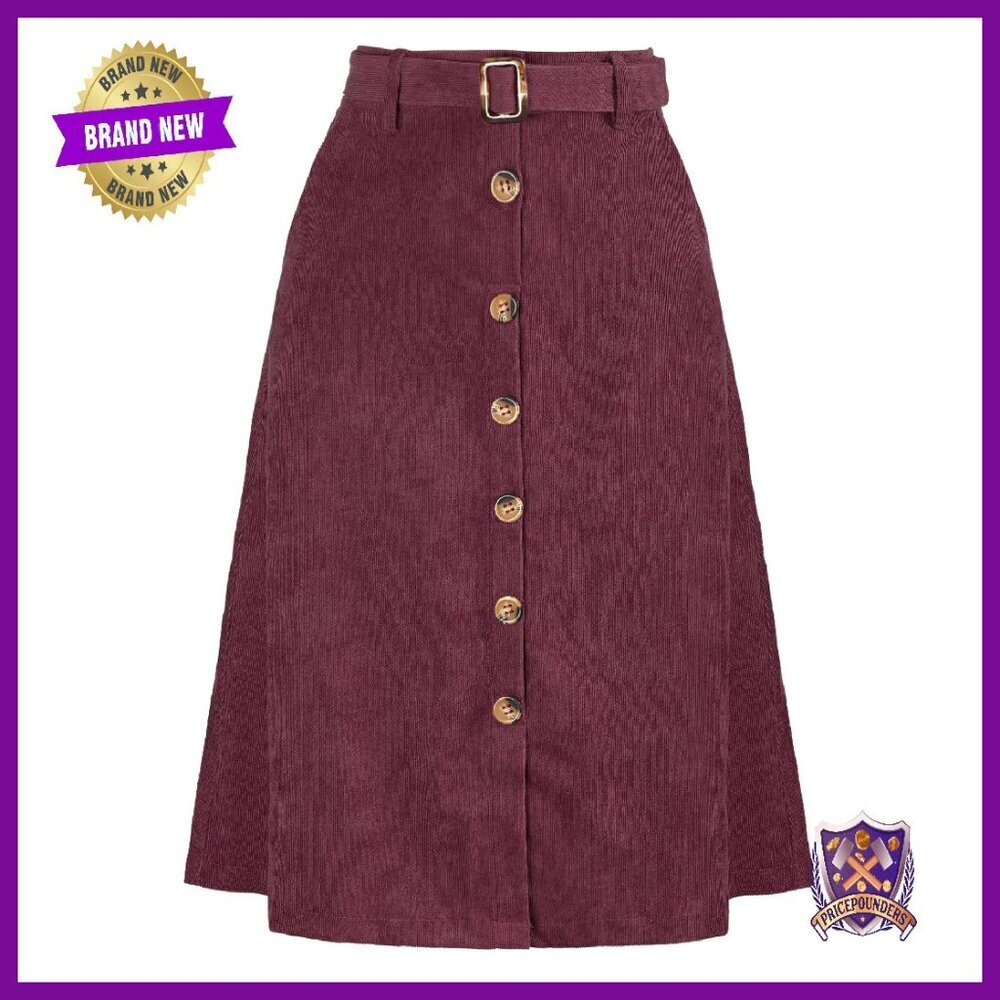 High Waist Corduroy Midi Skirt with Buttons and Belt, A-Line Fit